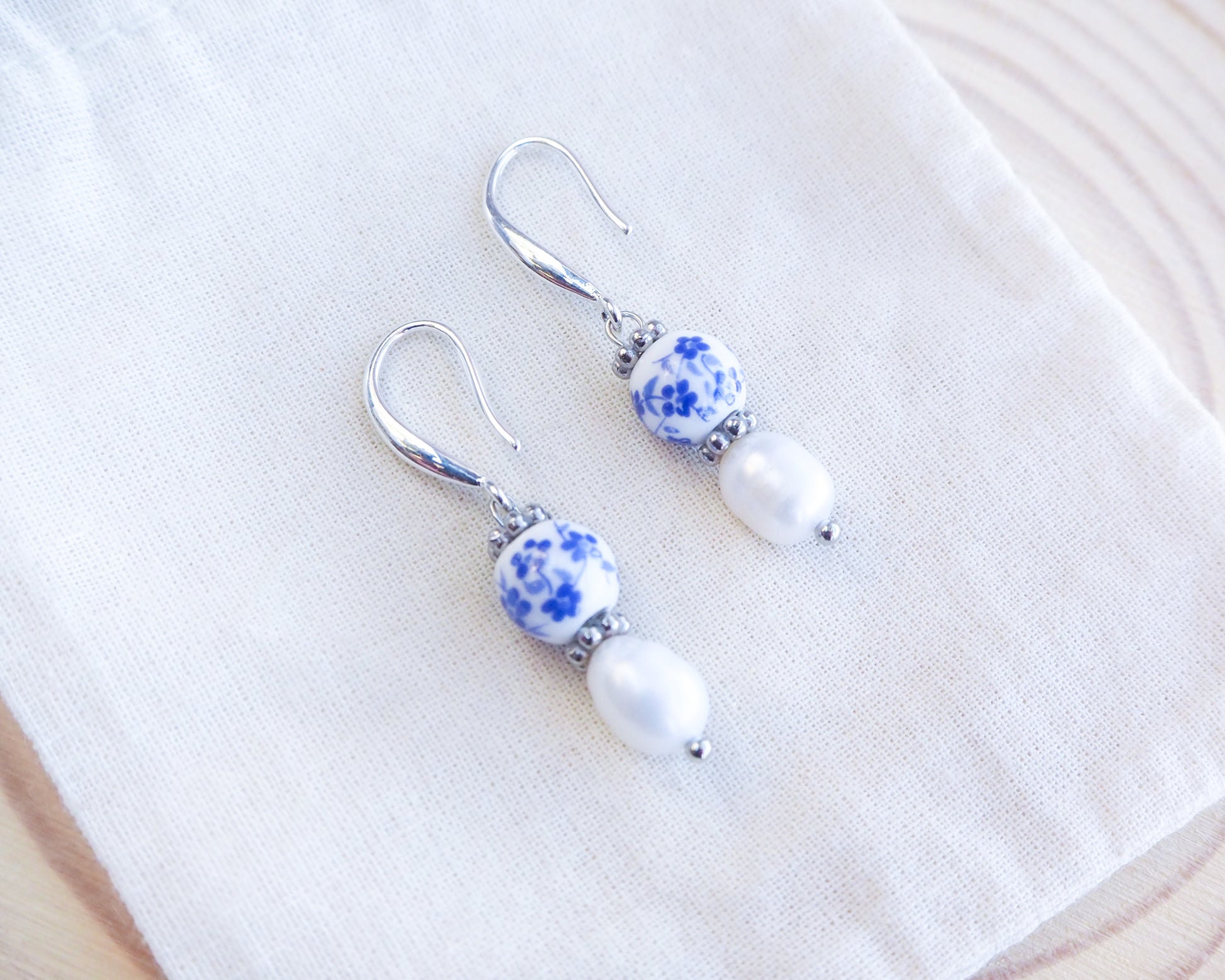 925 Silver Portuguese Ceramic Pearl Earrings on stone, Azulejo Earrings from Portugal, Portuguese Tlles, Blue White Flower Porcelain Earrings