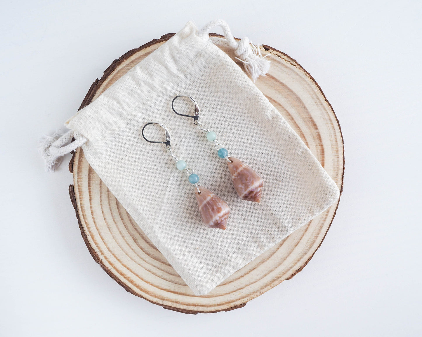 Cone Shell Earrings with Jade Beads - Coastal Boho Jewelry sea by lou