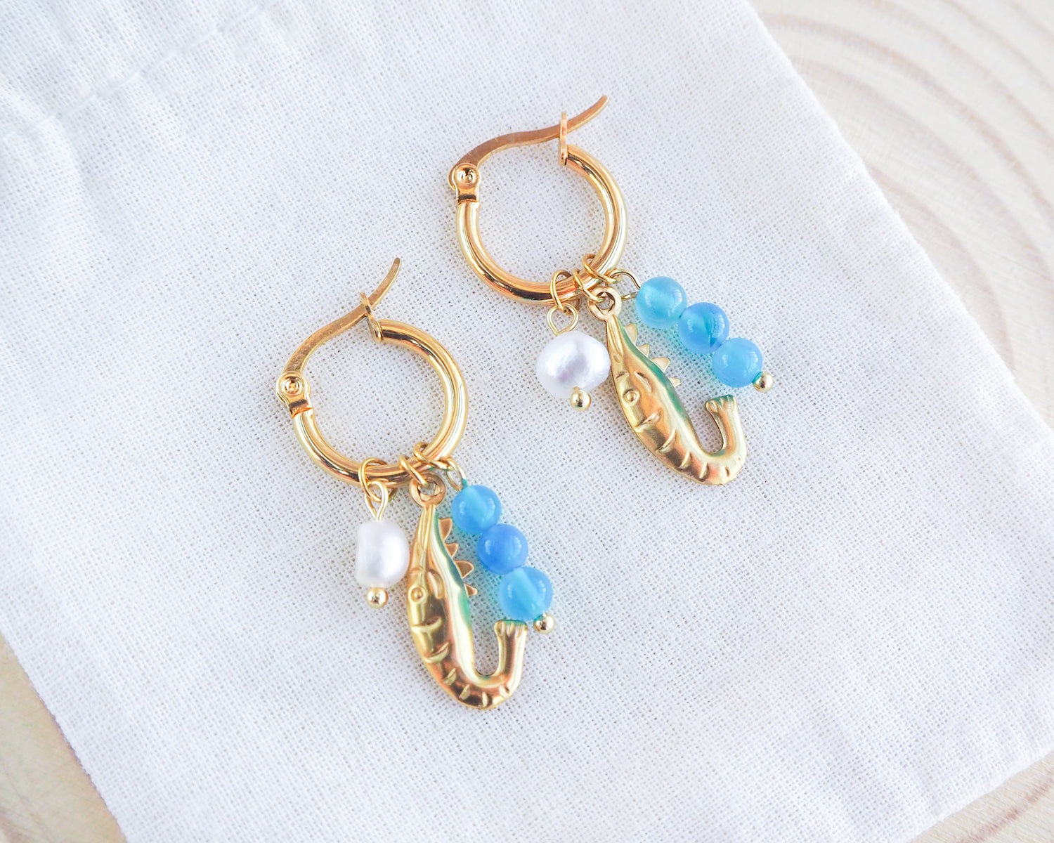 Blue Shrimp Trio Gold Earrings, Shrimp Huggies with freshwater pearls and aquamarine gemstone beads