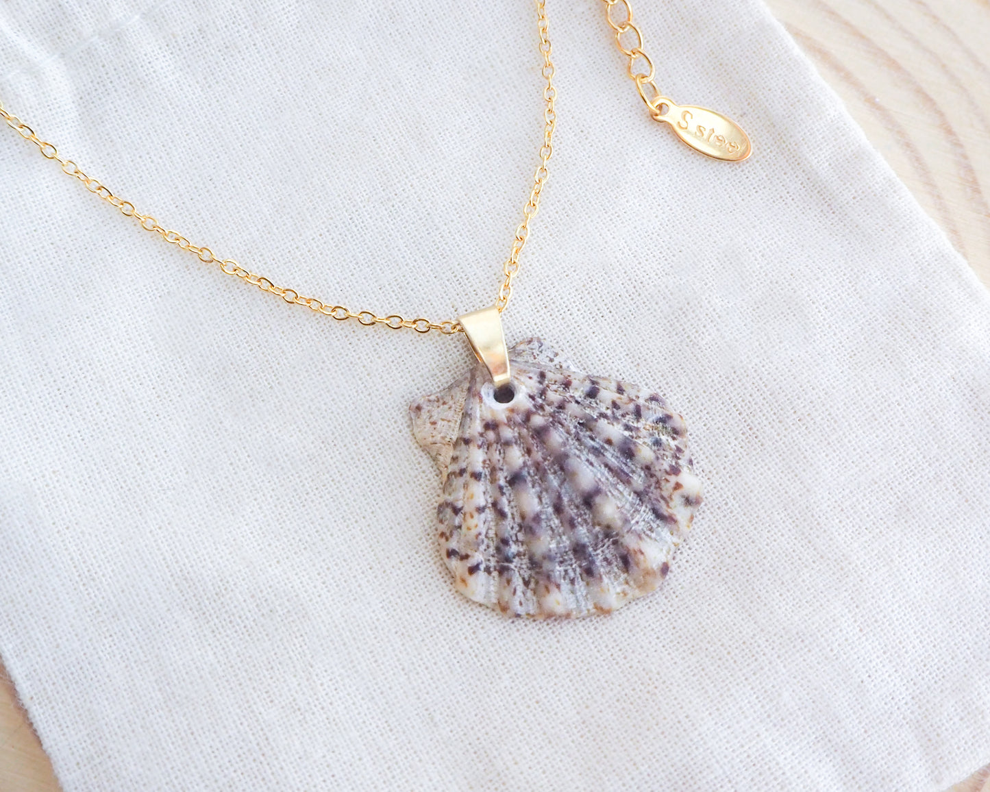 Gold Scallop Shell Necklace with Brown Leopard Scallop Shell on display