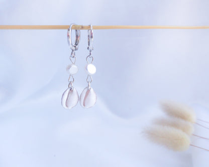 Cowrie shell earrings with freshwater pearls and 925 silver hoops, beach wedding jewelry