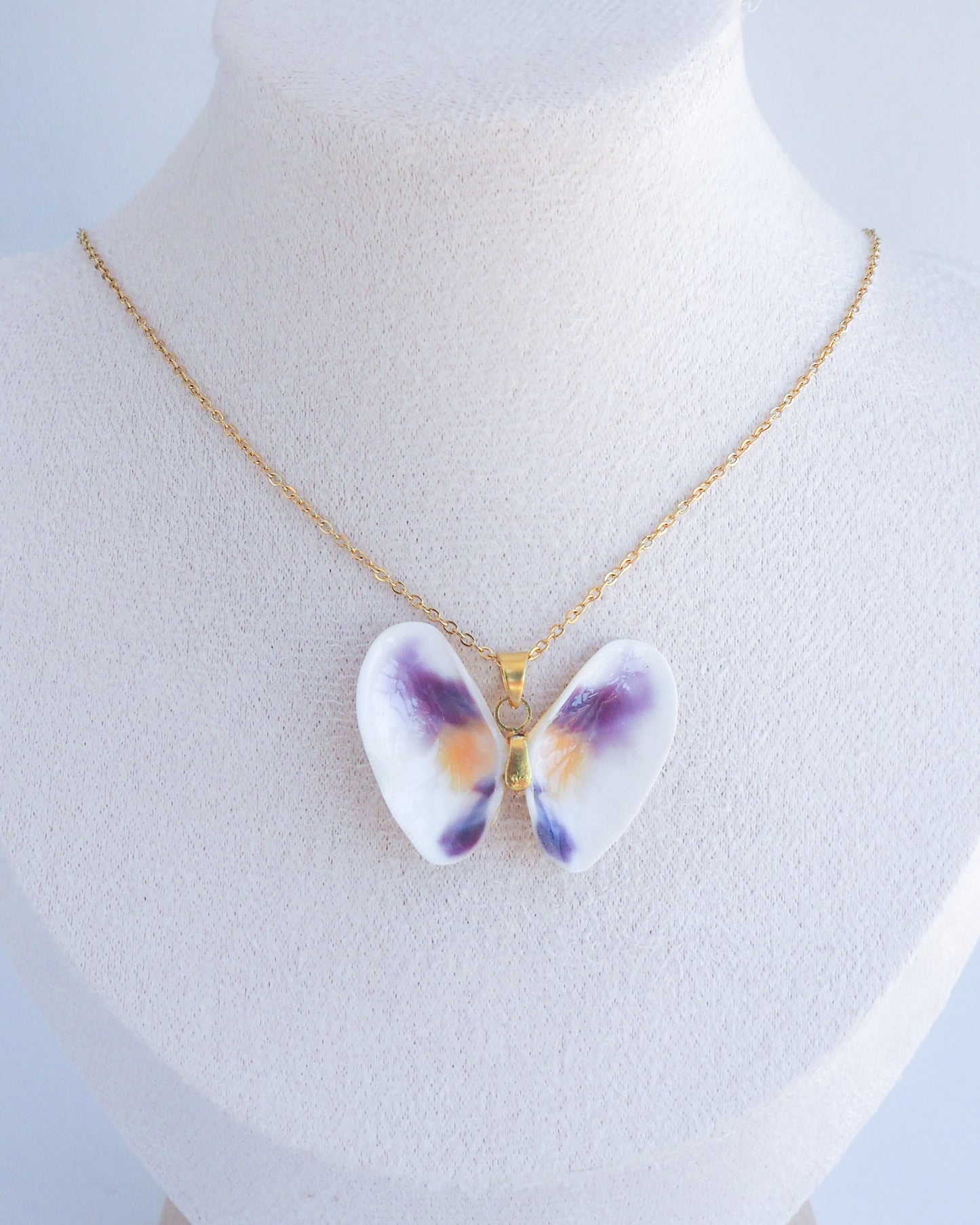 Gold Butterfly Shell Necklace with Purple White Coquina Shells from Portugal