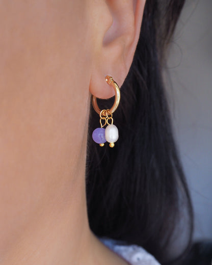 Gold Freshwater Pearl Earrings with Gemstones on ear model, ocean inspired jewelry, wedding earrings