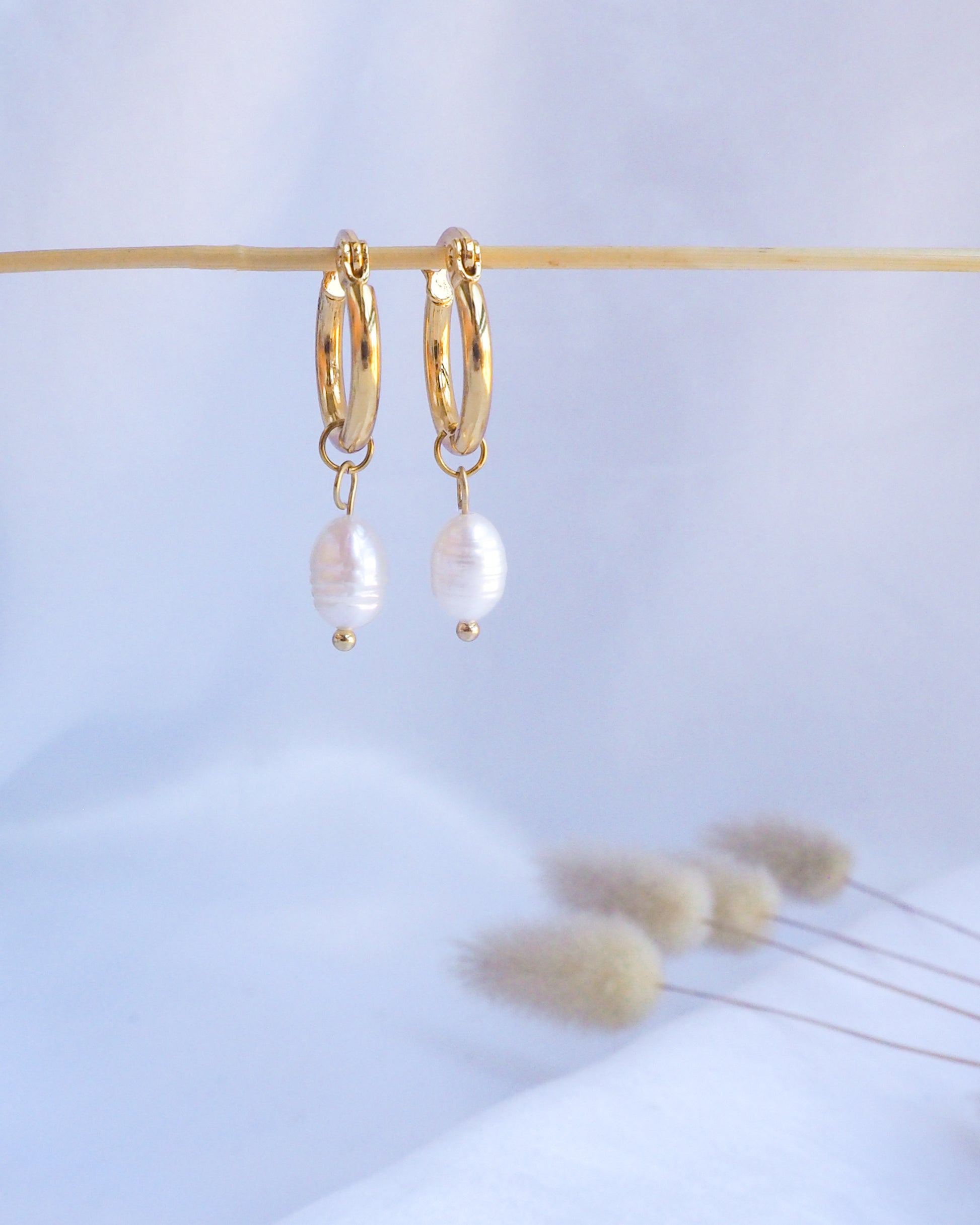 Gold Ivory White Pearl Earrings front view