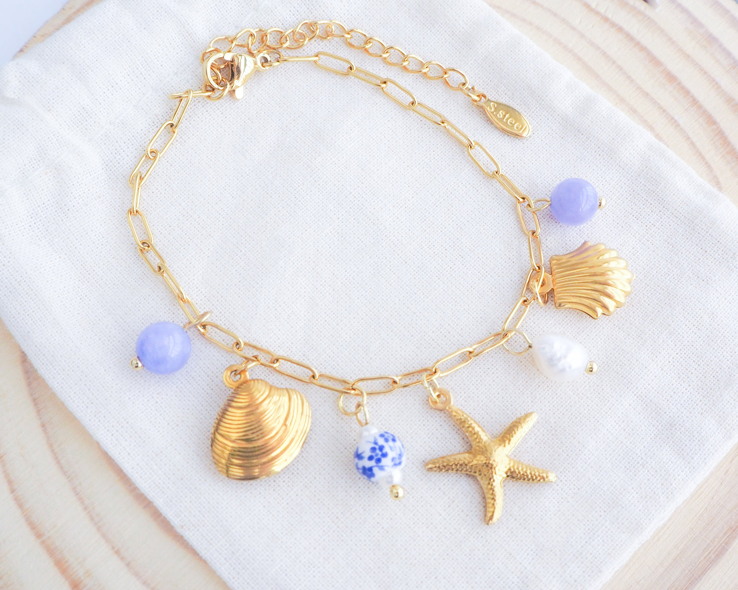 Gold Oceanic Charm Bracelet with Azulejo Tile Beads, Gemstones, Starfish, Sea Star and Shell pendants