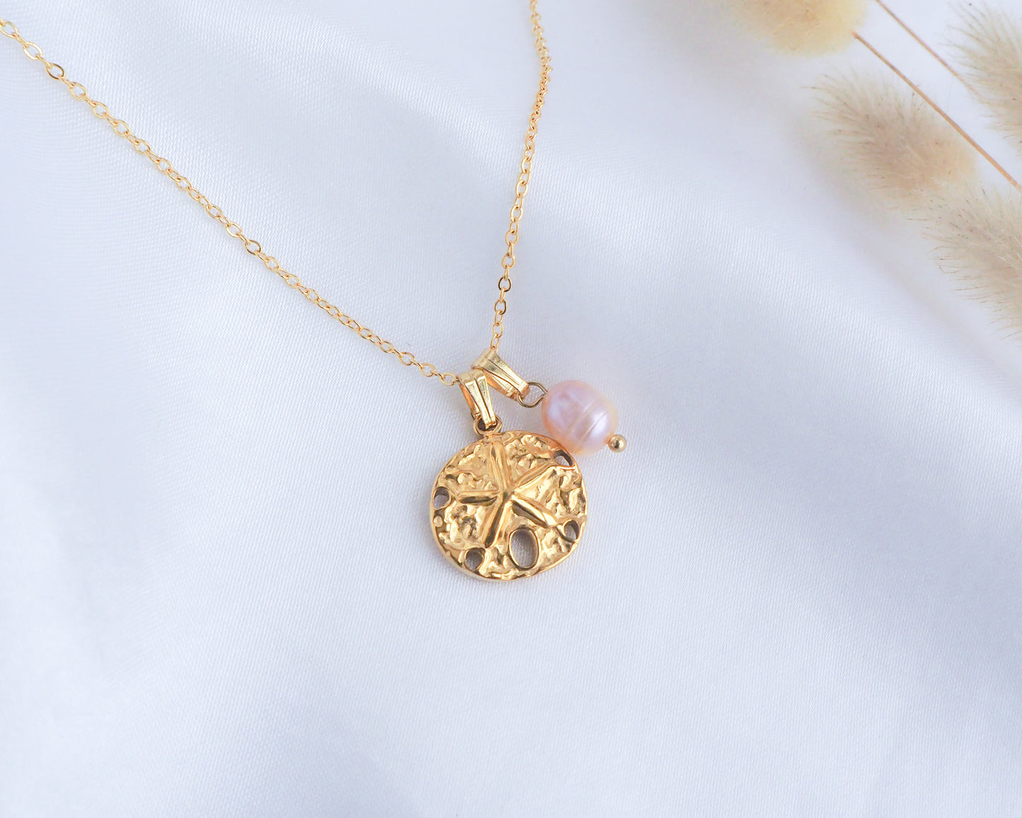 Gold Sand Dollar Freshwater Pearl Necklace on silk