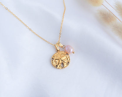 Gold Sand Dollar Freshwater Pearl Necklace on silk