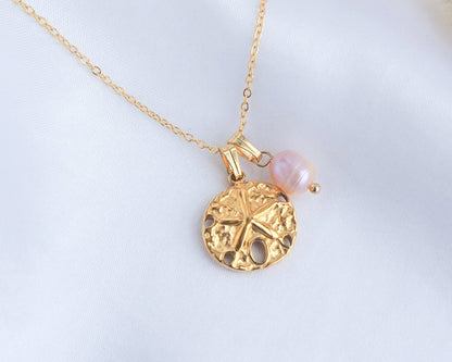 Gold Sand Dollar Rose Freshwater Pearl Necklace close up