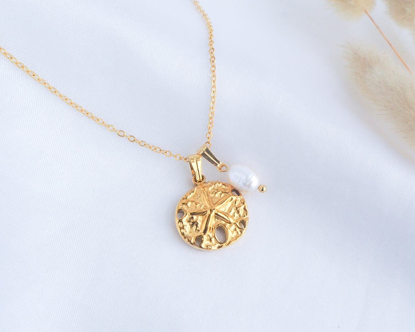 Gold Sand Dollar White Freshwater Pearl Necklace close up