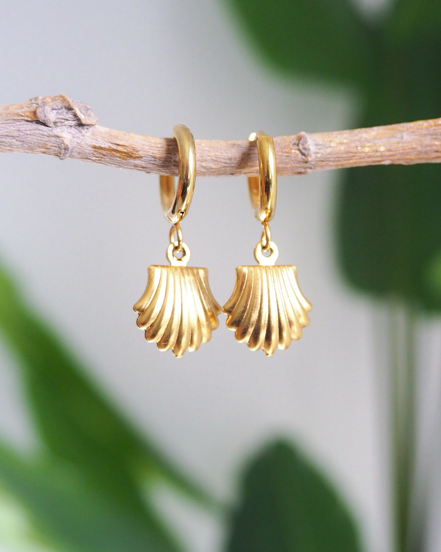 Gold Shell Earrings on display, seashell pendant earrings, waterproof beach jewelry