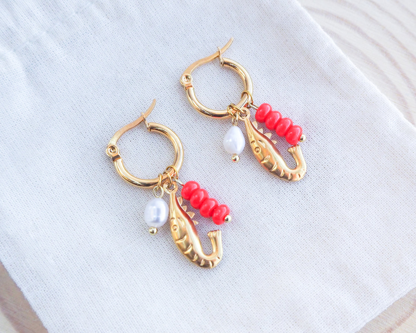 Gold Shrimp Trio Earrings, Shrimp Huggies with freshwater pearls and coral red beads