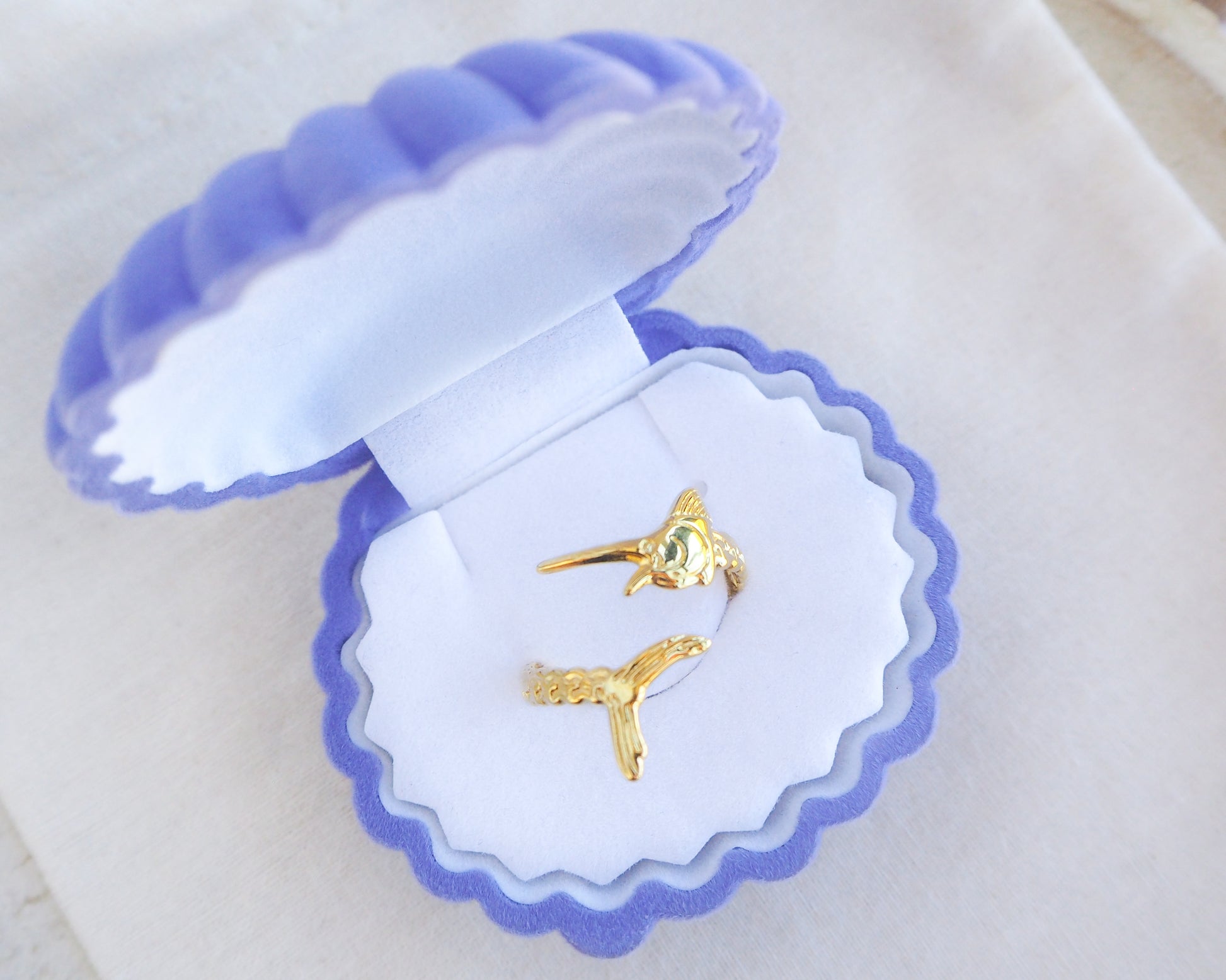 Gold Swordfish Ring in shell jewelry box