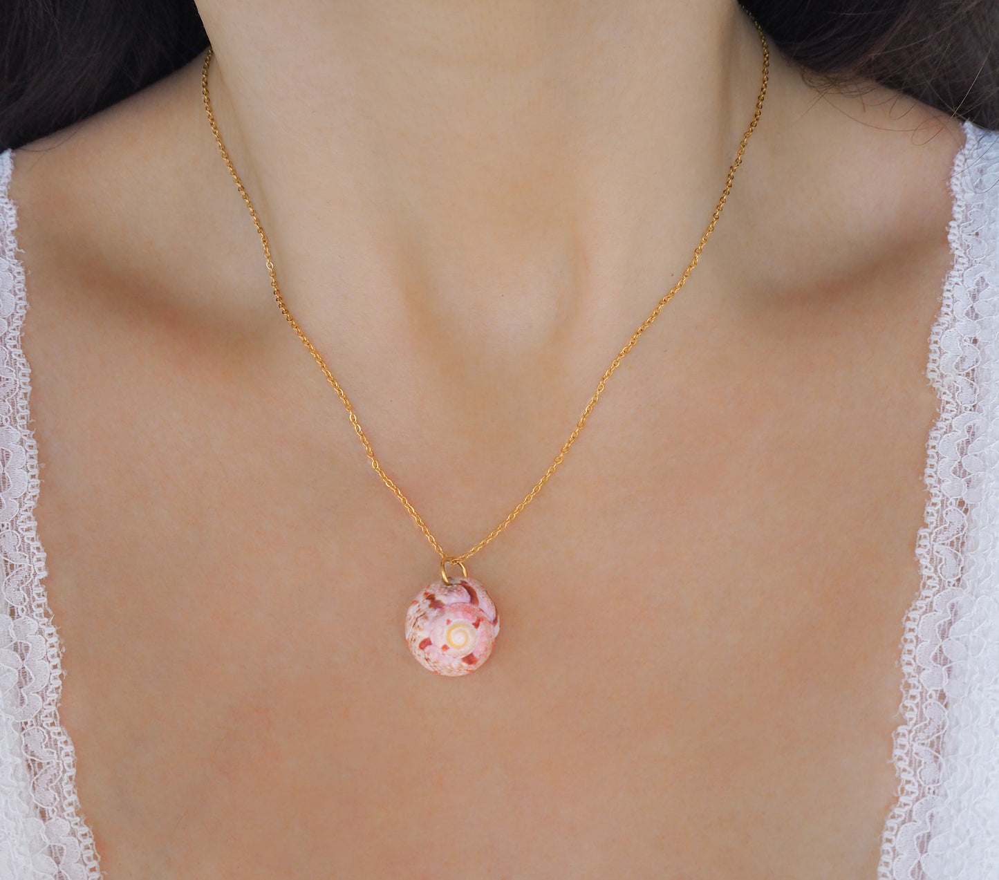 Pink Shell Gold Necklace on model, Magus Topshell from Portugal