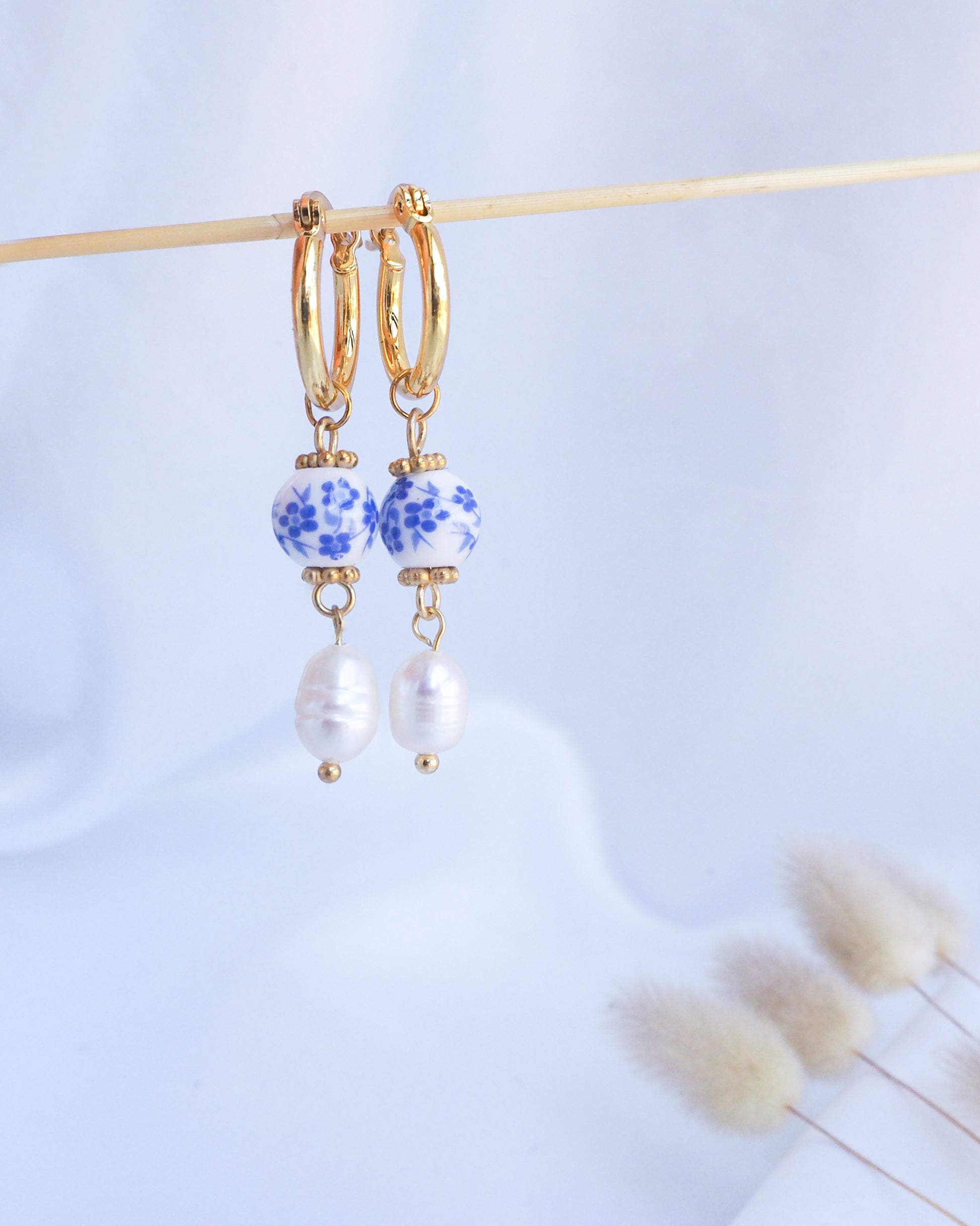 Gold Ceramic Azulejo Pearl Earrings from Portugal, Portuguese Ceramic Tlle Jewelry