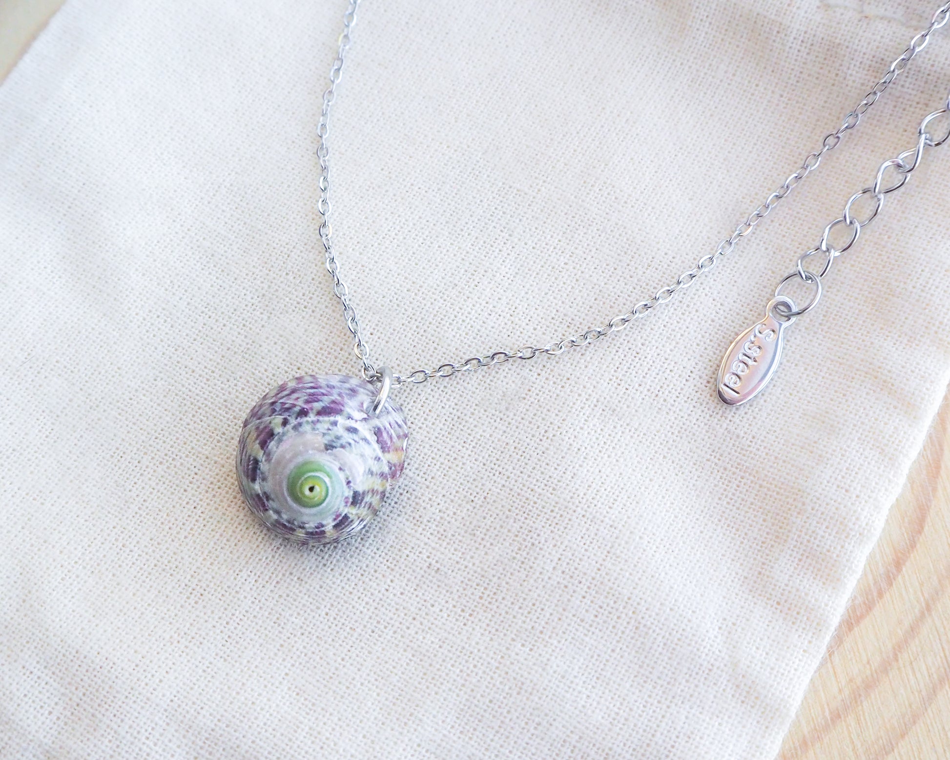 Purple Green Striped Top Shell Silver Necklace, topshell from Portugal