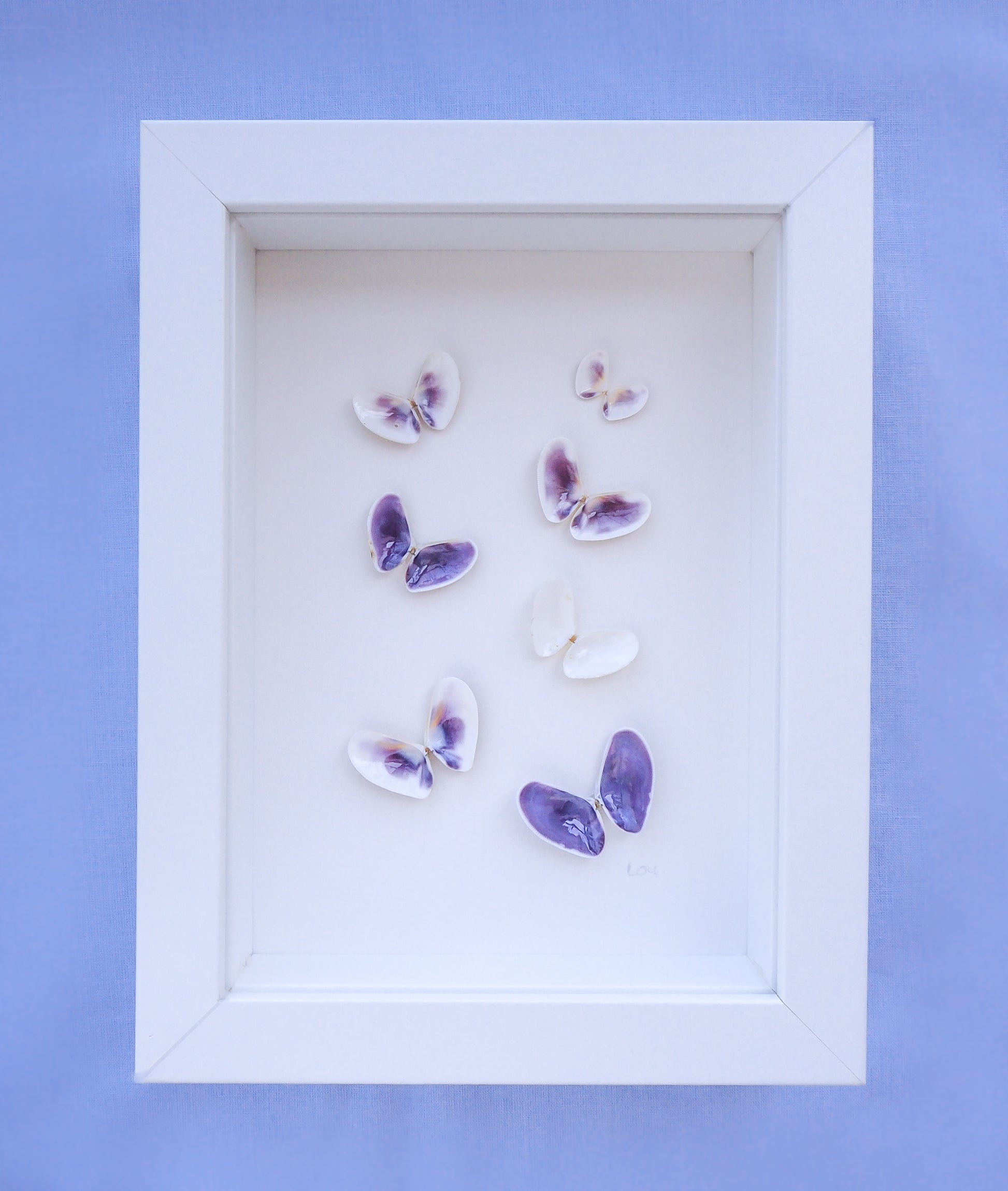 Purple Butterfly Shells Art front view, Nursery room coastal wall art, Seashell Butterfly, Coquina shells 