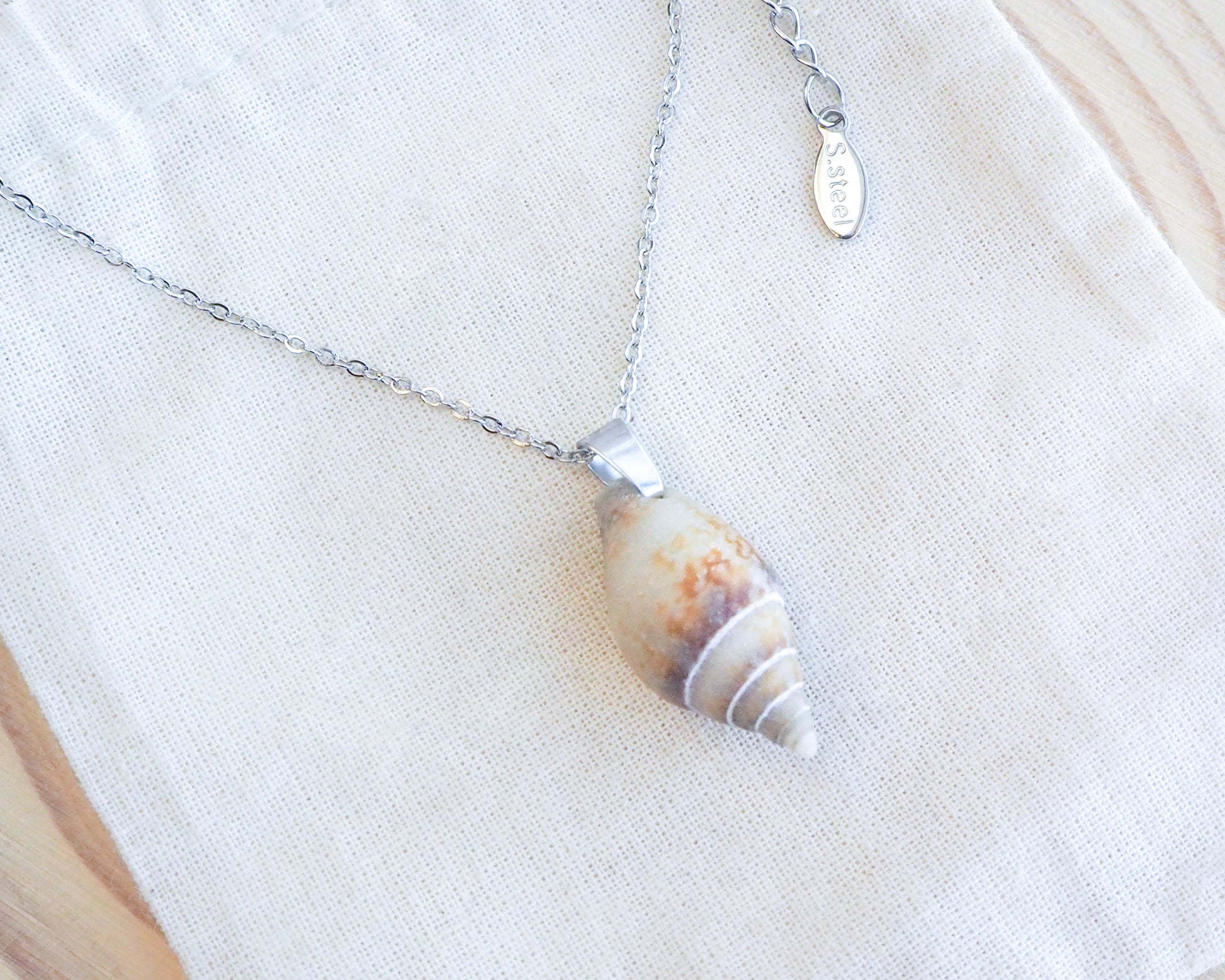 Rustic Dove Shell Silver Necklace on discplay, Tiny shell from Portugal 