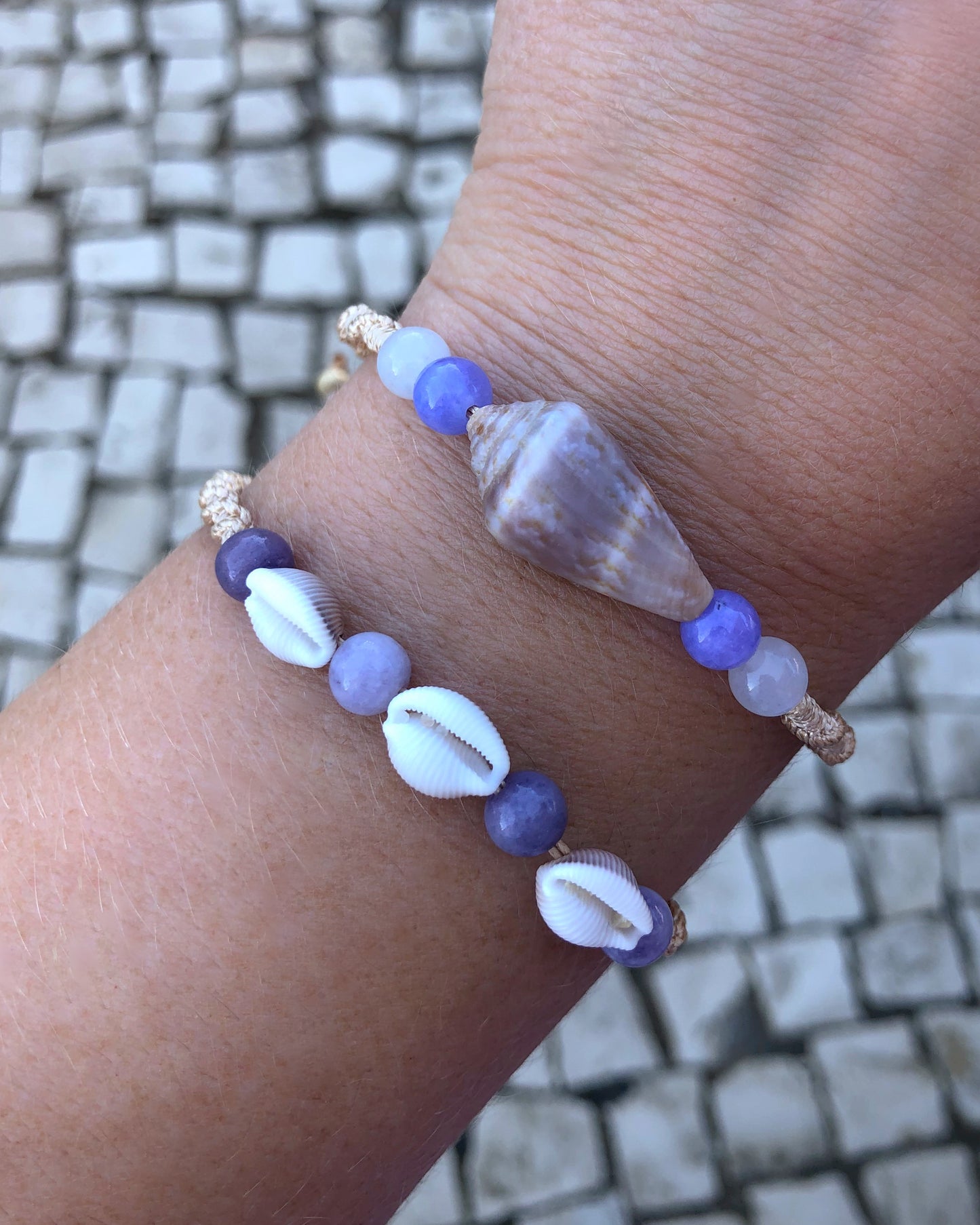 Portuguese Cowrie Shells Bracelet, and Amethyst Beads, sea by lou, Bohemian Beach Girl Jewelry, Cone Shell Algarve