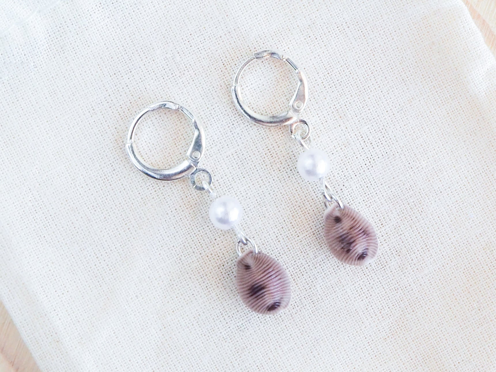 Cowrie Shell Pearl Earrings from Portugal, Freshwater pearls with real Kauri shells on display back side