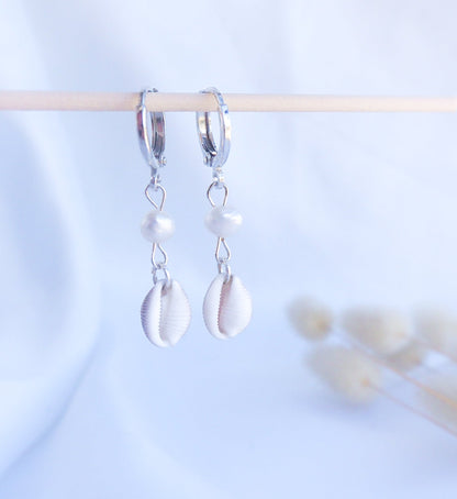 Tiny cowrie shell earrings with freshwater pearls and 925 silver hoops, beach wedding jewelry