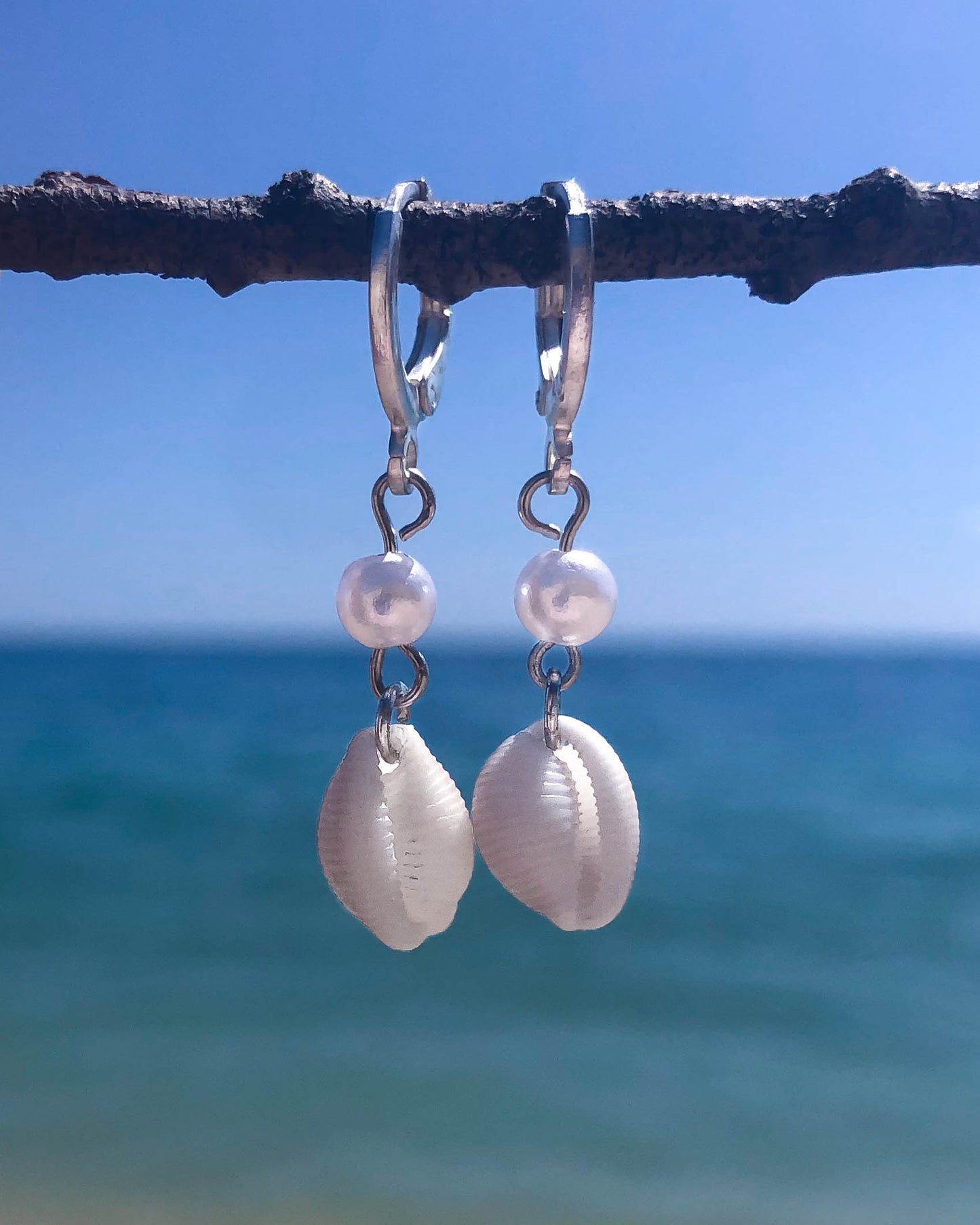 Real Cowrie Shell Freshwater Pearl Earrings, Seashell earrings with Pearl beads and Silver Hook Earrings with Cowrie Shells from Algarve Portugal, Seabylou
