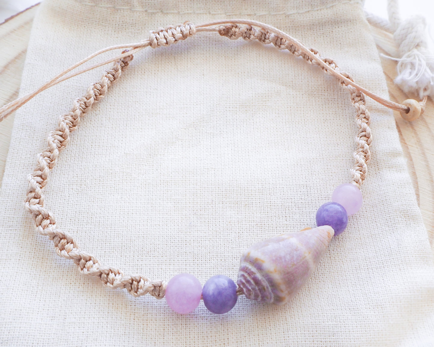 Real Mediterranean Cone Shell Bracelet with Amethyst and Rose Quartz Beads