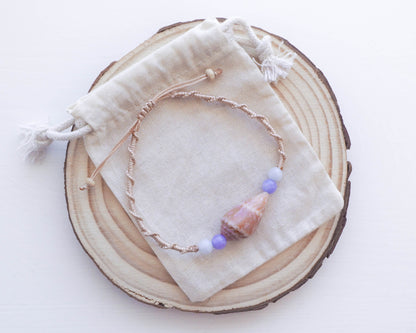 Cone shell bracelet with angelite and quartz beads 