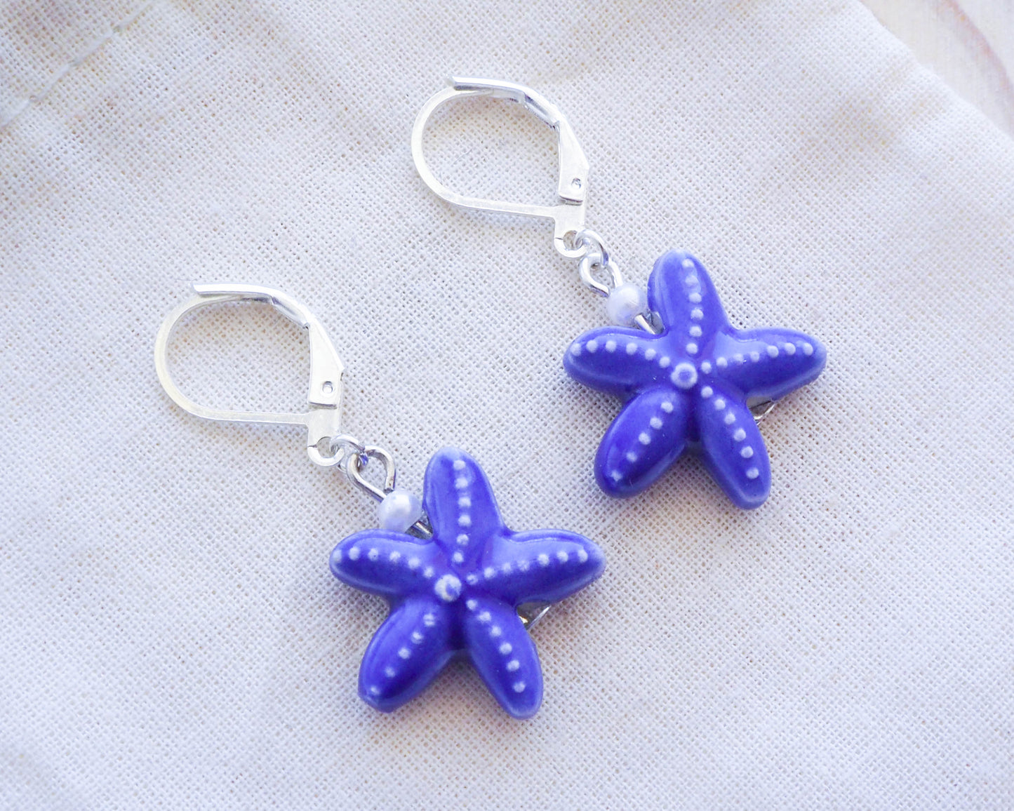 Blue Ceramic Sea Star Silver Earrings - Coastal Elegance