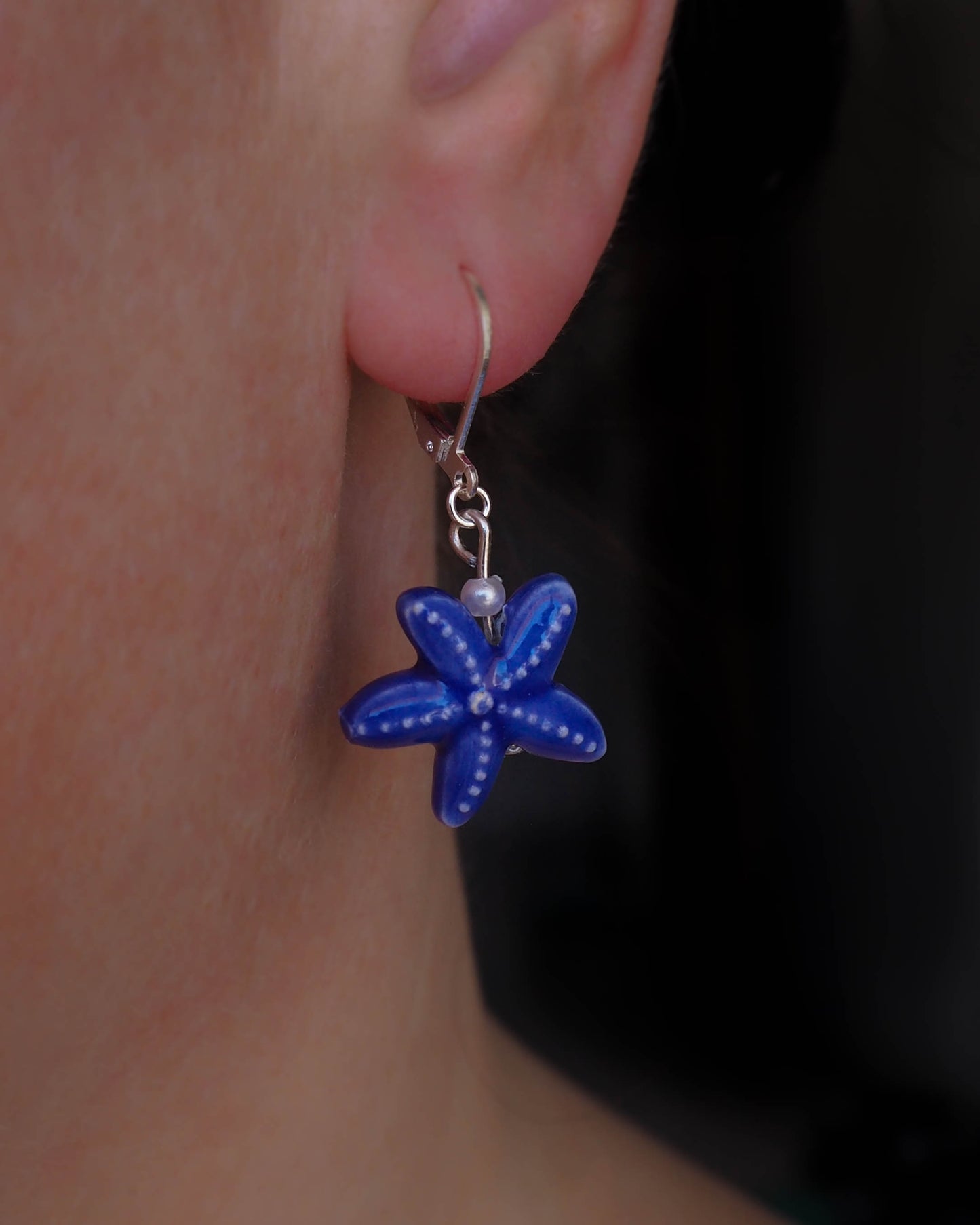 Handcrafted Silver Earrings with Blue Ceramic Sea Stars - Nautical Charm