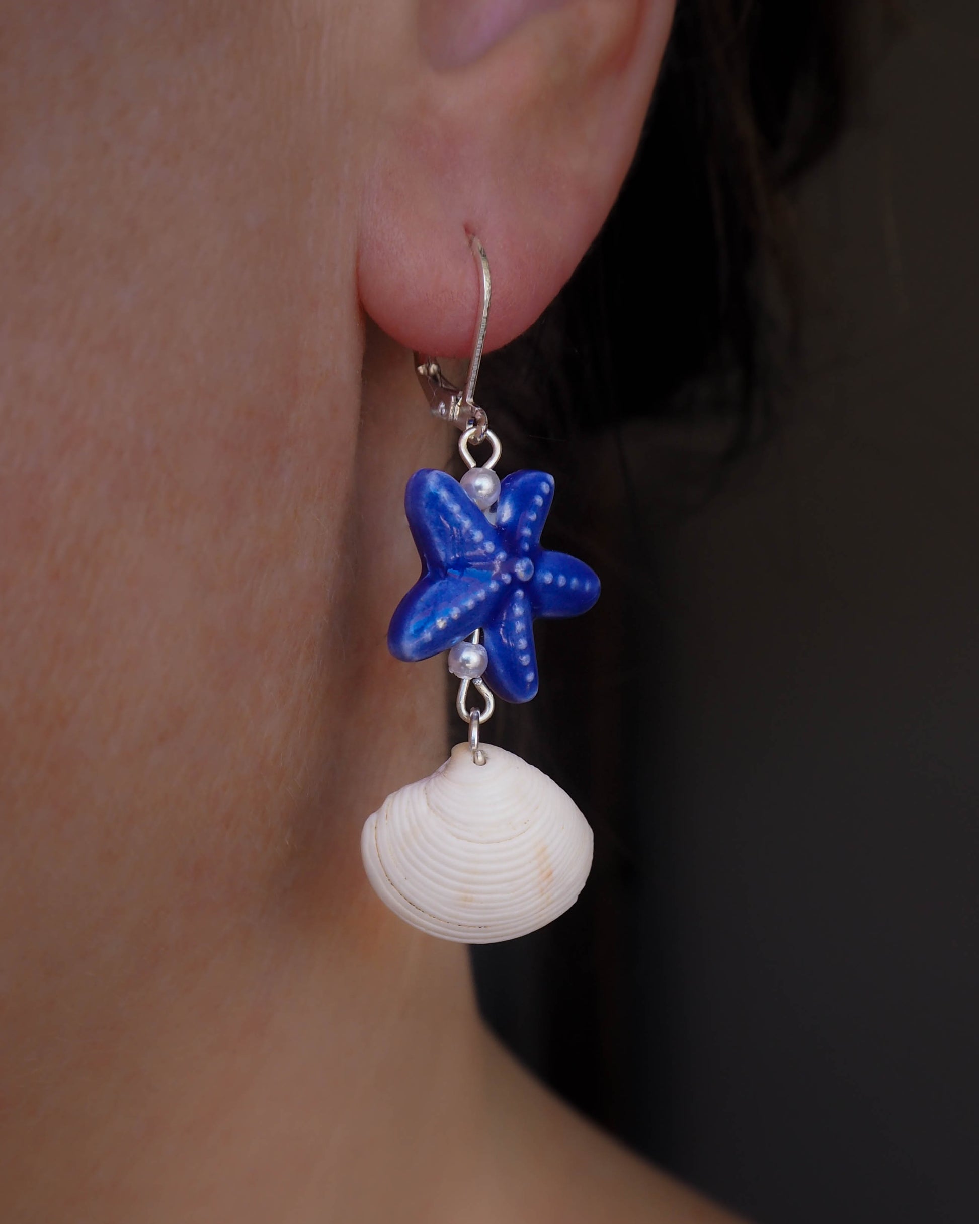 Handcrafted Nautical Earrings - Blue Ceramic Sea Stars and White Venus Shell