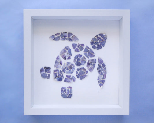 Seashell Turtle Artwork: A close-up view of the meticulously crafted Seashell Turtle Art, showcasing authentic mussel shells forming the intricate turtle design. Home Decor, Coastal Charm, Mussel Shell Art