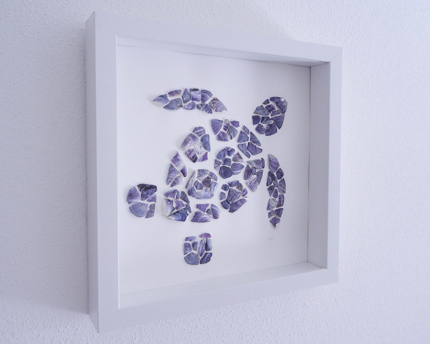 Ready-to-Hang Seashell Turtle Art: The front of the Seashell Turtle Art, featuring the attached hanger for convenient display. Hanging Shell Art, Coastal Wall Decor, Sea by Lou