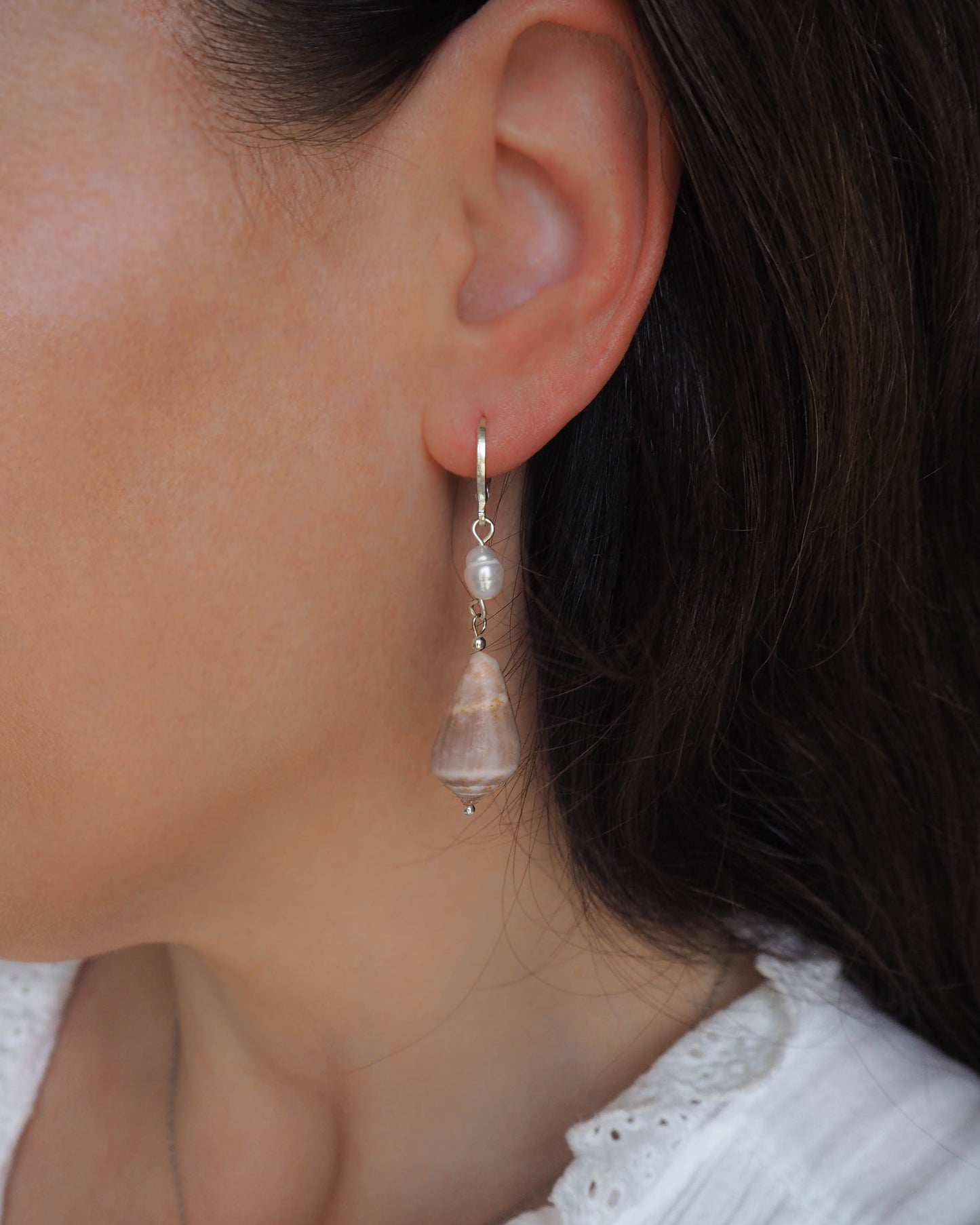 OCEANIC CHIC CONE SHELL EARRINGS - Silver White Freshwater Pearl