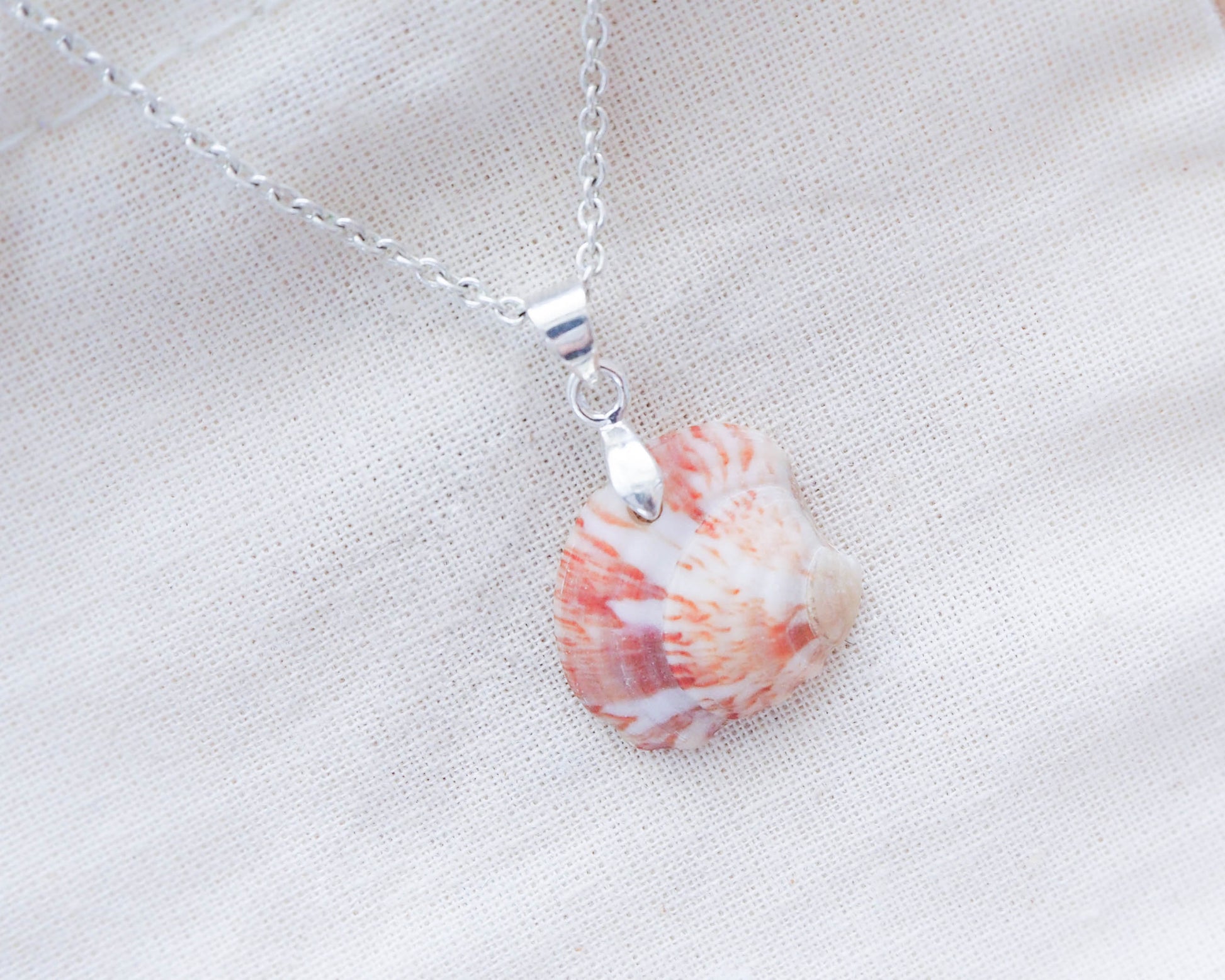 Banded Seashell Pink White Marmer Pendant - Silver Charm from Algarve, Portugal - Coastal Elegance and Natural Beauty - Handcrafted Jewelry