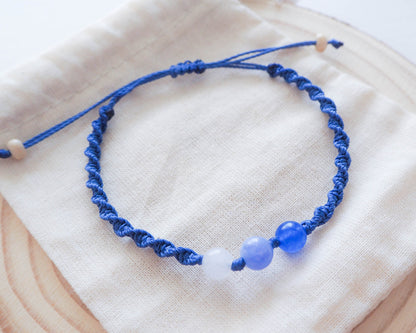 Braided Blue Cord Bracelet with Blue Agate and Aquamarine Beads