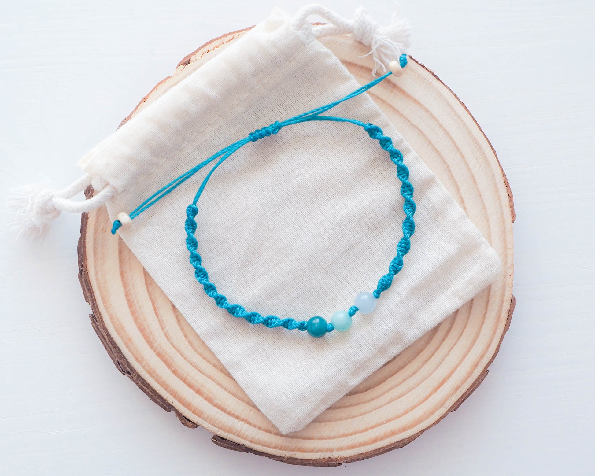 Braided Blue Cord Bracelet with Jade and Aquamarine Beads