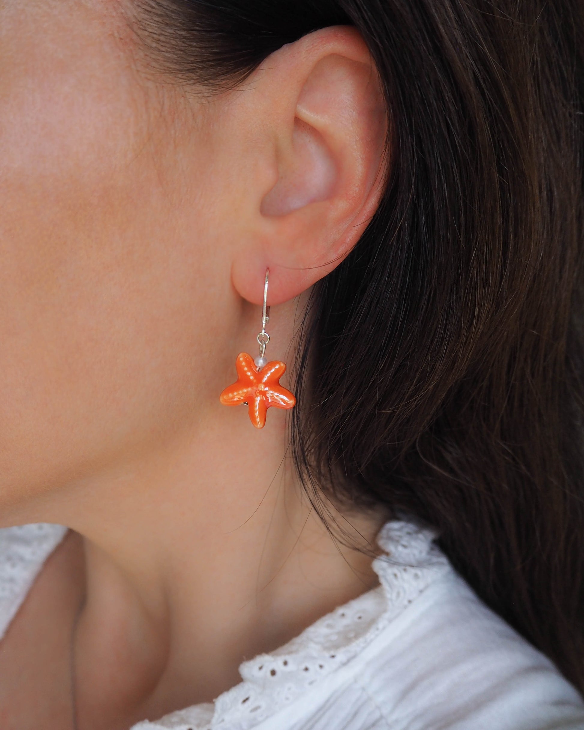 Orange Starfish Ceramic Earrings