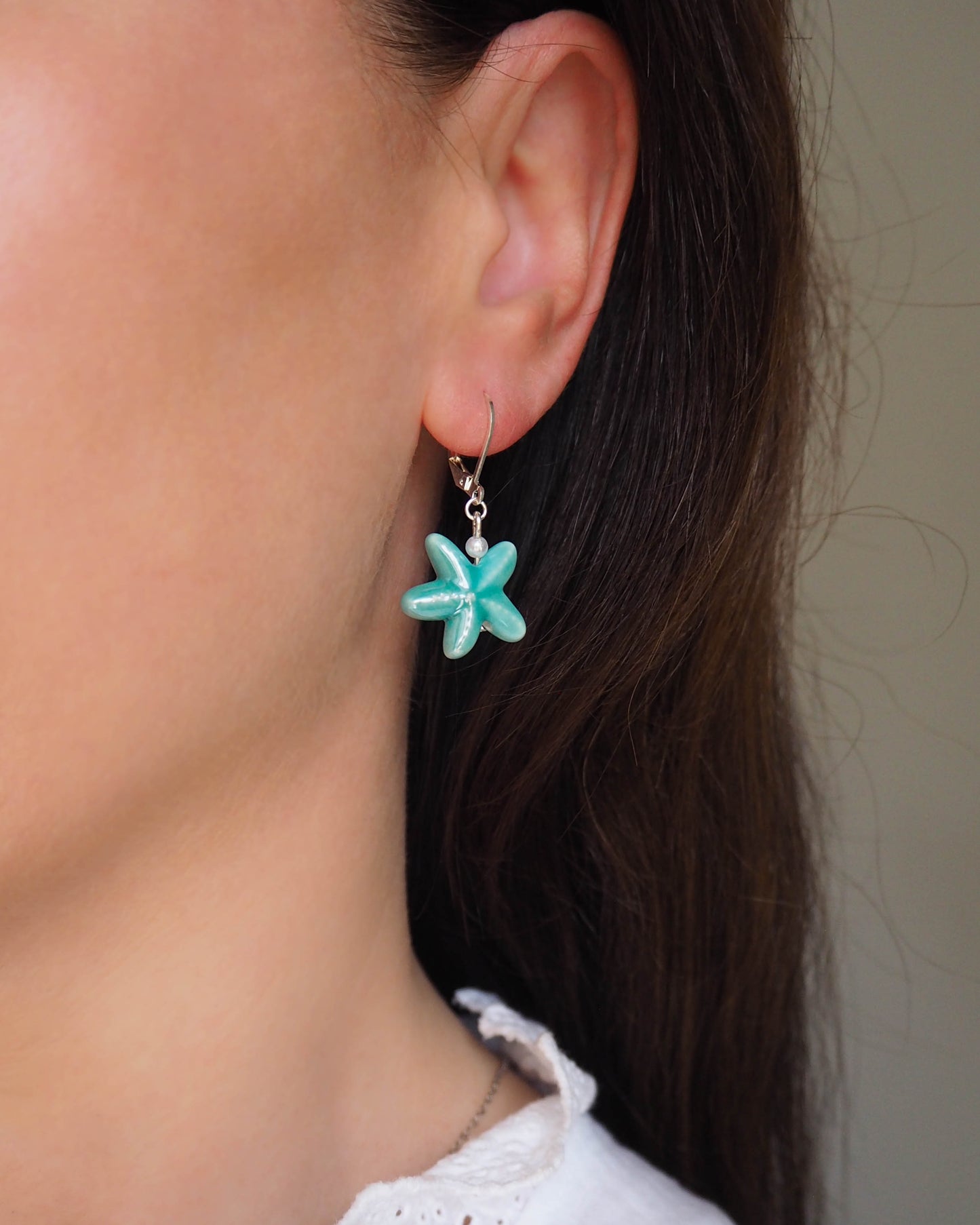 Ceramic Sea Star Earrings, Turquoise Starfish Earrings from Portugal