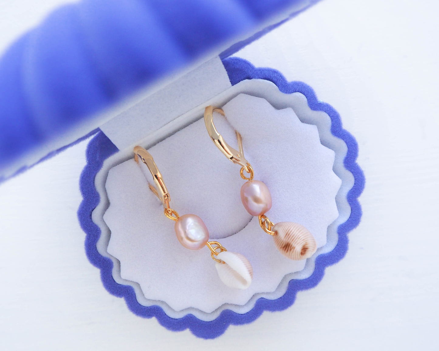 COASTAL CHIC ~ COWRIE SEASHELL FRESHWATER PEARL EARRINGS - Gold Plated Rosé Pearl