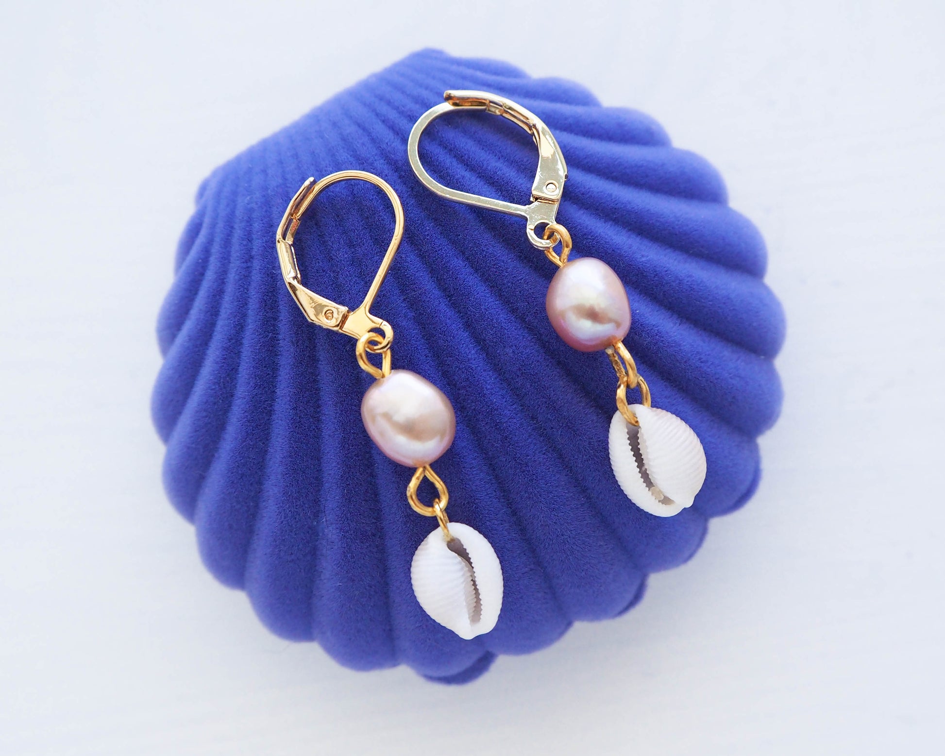 24K Gold Plated Real Cowrie Seashell Wedding Earrings with Rose Freshwater Pearl, Trendy Shell Beach Shell Drop Earrings