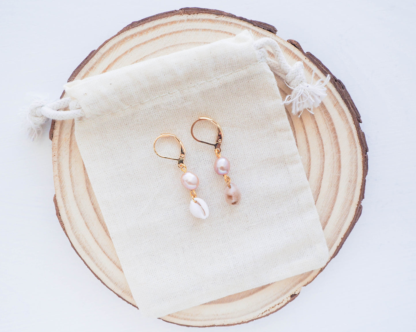 COASTAL CHIC ~ COWRIE SEASHELL FRESHWATER PEARL EARRINGS - Gold Plated Rosé Pearl