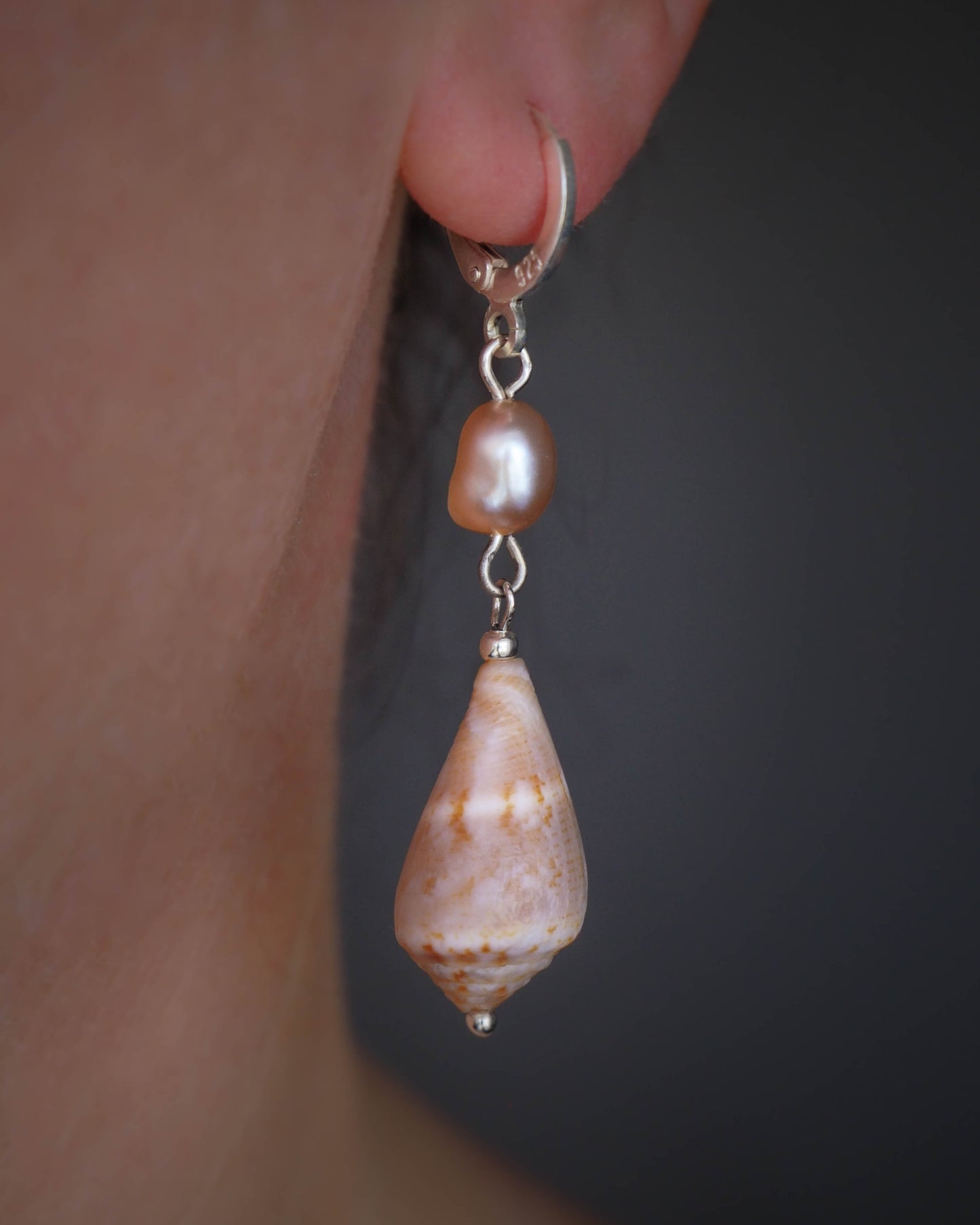 925 Silver Cone Seashell Earrings with Rose Freshwater Pearl