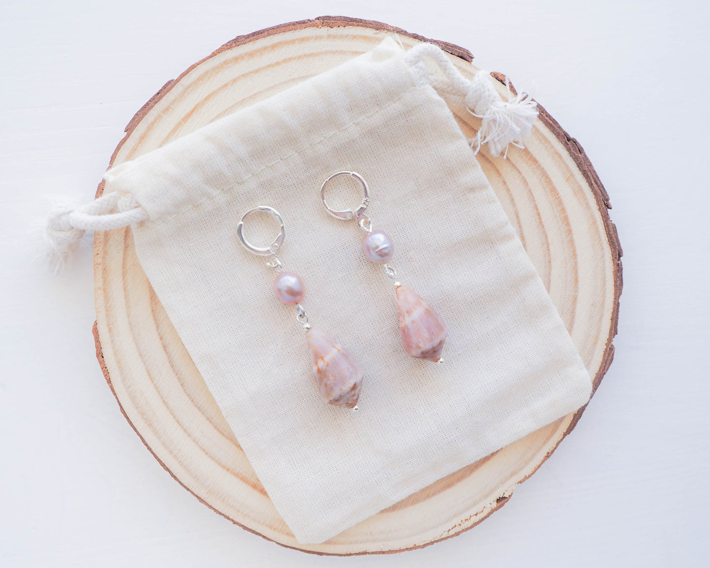 OCEANIC CHIC CONE SHELL EARRINGS - Silver Freshwater Pearl Rosé