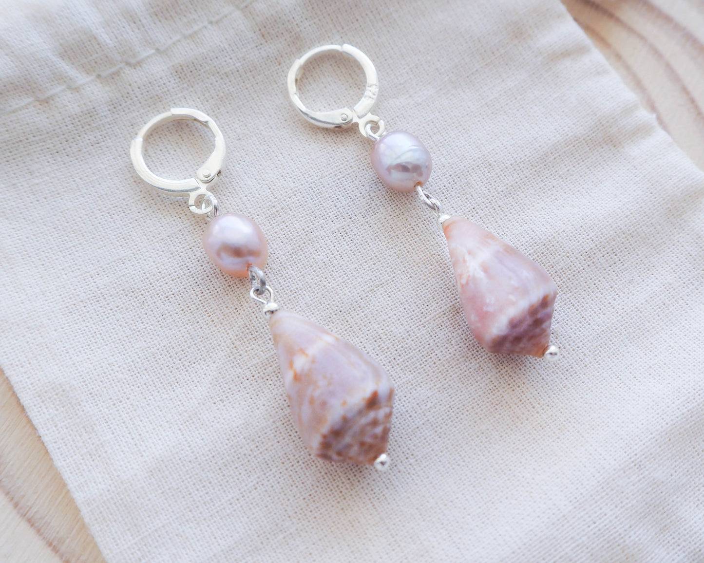 Rose Pink Freshwater Pearls with Cone Shells from Portugal and 925 Sterling Silver Hooks