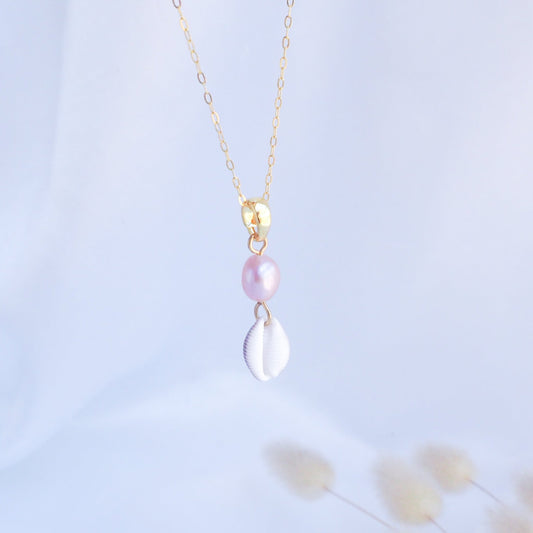 GOLD COWRIE SHELL PEARL NECKLACE ~ Rosé Pearl