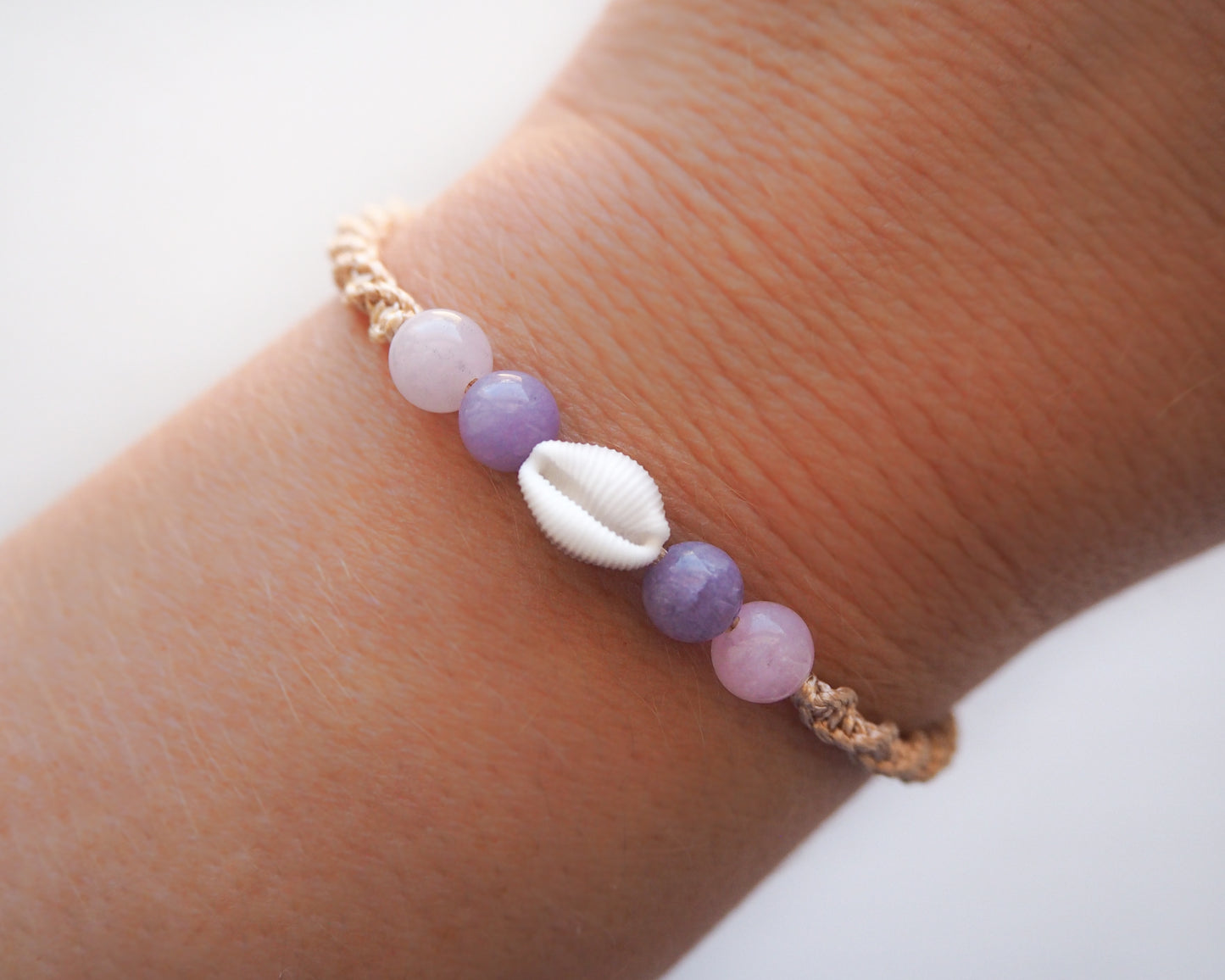 Cowrie Shell Bracelet with Gemstones; Amethyst and Rose Quartz Beads, Real Shell from Algarve