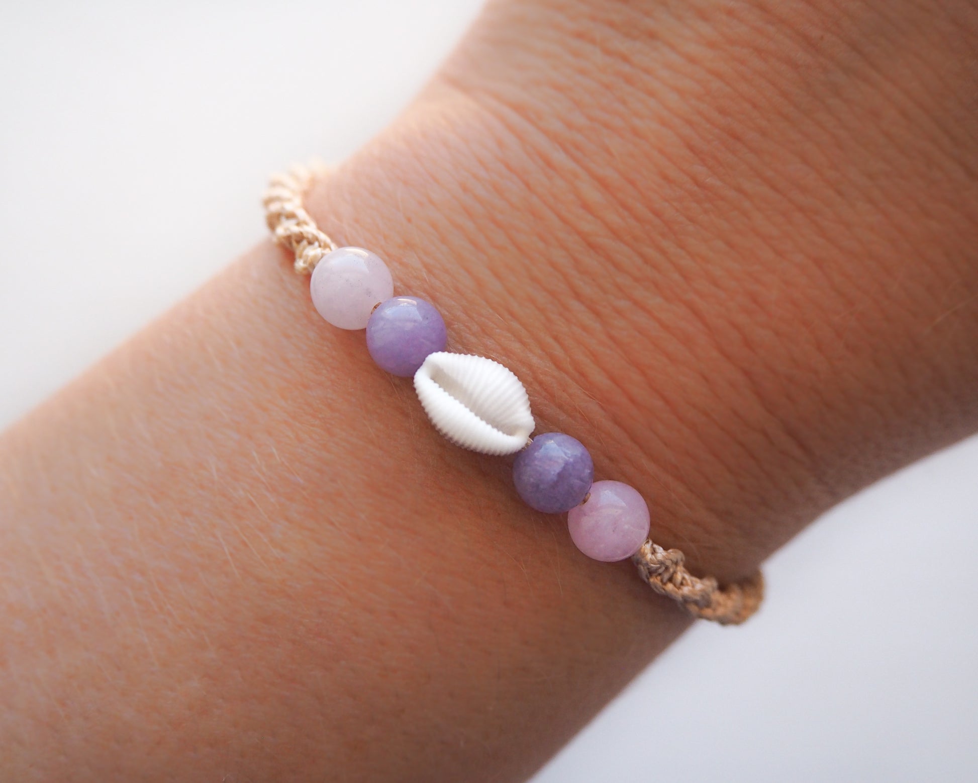 Cowrie Shell Bracelet with Gemstones; Amethyst and Rose Quartz Beads, Real Shell from Algarve