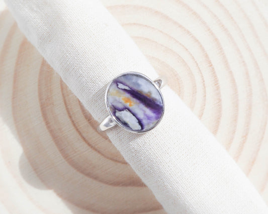 Detailed shot showcasing the vibrant Rainbow Blue Mussel shell set in a 925 silver adjustable ring, capturing the intricate patterns and oceanic beauty.
