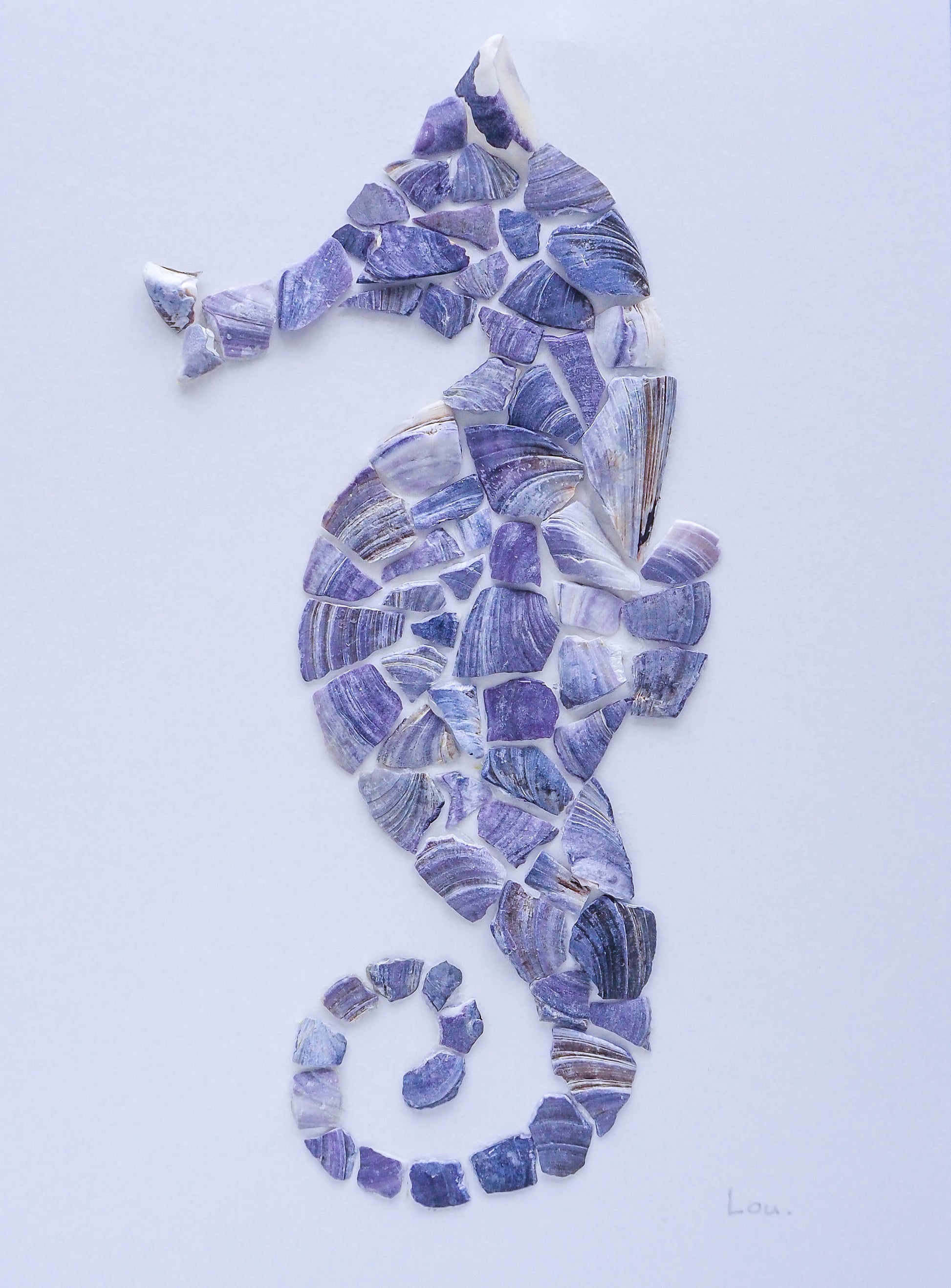 Total detail view of seahorse artwork made of mussel shells from portugak