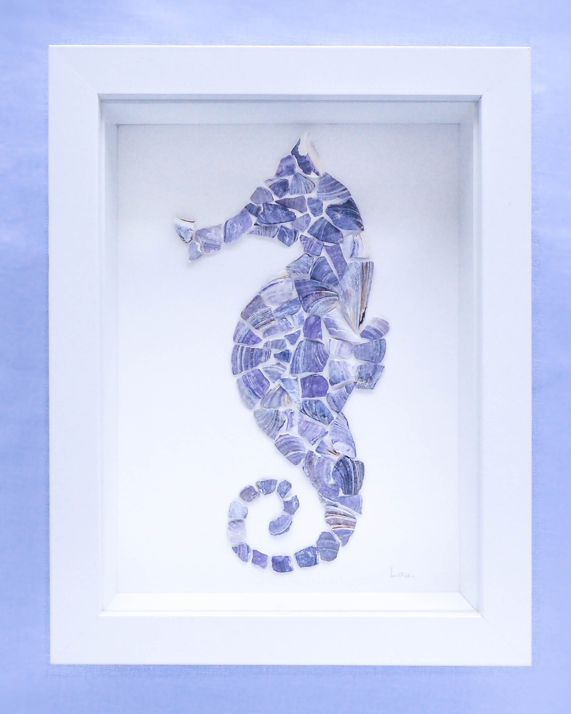 Seahorse shell artwork made with mussel shells from Portugal, seabylou Sea by lou